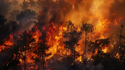 Foto op Canvas A dense forest fire raging consuming everything in its path exacerbated by dry conditions and high temperatures. © Martin