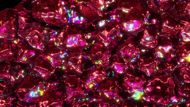 Realistic 3D animation of the ruby or garnet crystals falling from the top filling the volume rendered in UHD with alpha matte