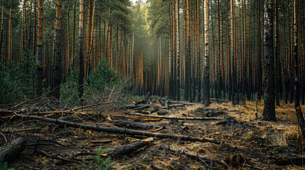 A dense forest gradually thinning due to deforestation with the ground littered with fallen trees.