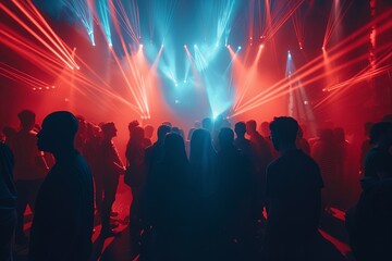 Crowd of attendees standing in front of a stage at a psychedelic rave in an underground venue. Generative AI - obrazy, fototapety, plakaty