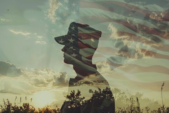 Haunted by Valor: A weathered veteran gazes into the distance, his silhouette infused with a ghostly image of the American flag in a nostalgic double exposure. Memories of service flicker to life
