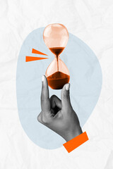 Vertical photo collage of hand hold hourglass sand pour eternity ancient time watch timetable heap...