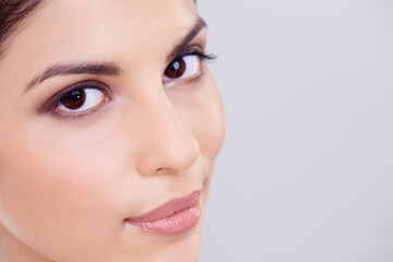 Obraz premium Woman, face and portrait for cosmetology, dermatology and skincare for hygiene and aesthetic in studio. Model, lady and isolated for with makeup, eyeshadow and lipstick for full lips on mockup