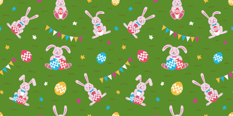 Happy Easter seamless pattern with cute bunnies holding eggs - obrazy, fototapety, plakaty