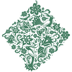 Floral pattern with birds, vignette, border, card design. Elements in Oriental style. Ornate decoration, floral silhouette illustration. Arabic ornament. Isolated ornaments. Ornamental decora