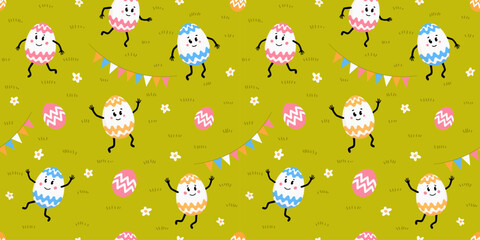 Happy Easter seamless pattern with cute egg characters on a green lawn. - obrazy, fototapety, plakaty