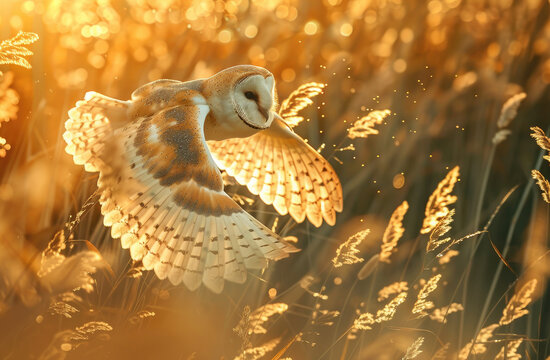 A closeup photo of an owl in flight, captured midflight over the golden grasses and reeds of British woodland at dawn