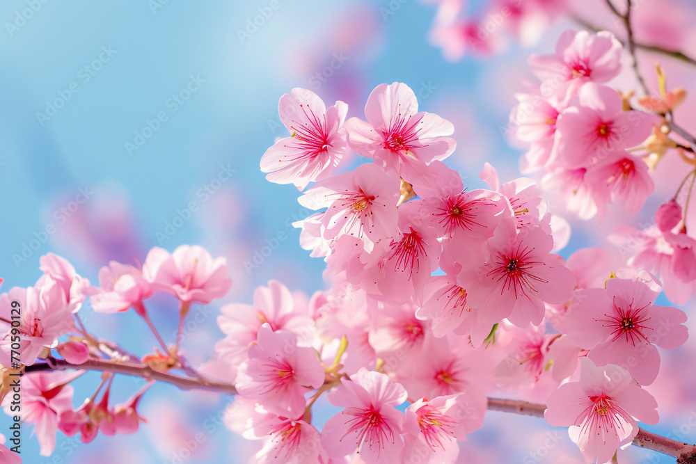 Wall mural a pink blossom tree and blue sky background in the styl a2995d4b-785a-4ee4-9246-19cde53c1c76