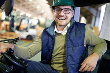 Man, portrait and forklift in warehouse fr logistics distribution for supply chain factory, import...