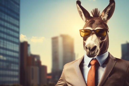 cool business donkey with sunglasses on city background