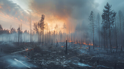 A dense forest partially burned aftermath of a wildfire under a smoky sky. - obrazy, fototapety, plakaty