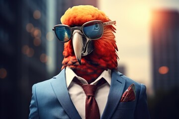 cool business parrot with sunglasses on city background - obrazy, fototapety, plakaty