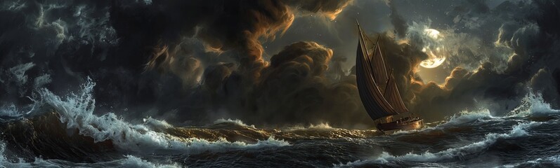 A real photographic landscape painting with incomparable reality,Super wide,Ominous sky,Sailing...