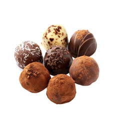 A luxury dark chocolate truffle collection, dusted with cocoa powder, isolated on transparent background