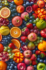 A colorful fruit display with apples, oranges, and strawberries.