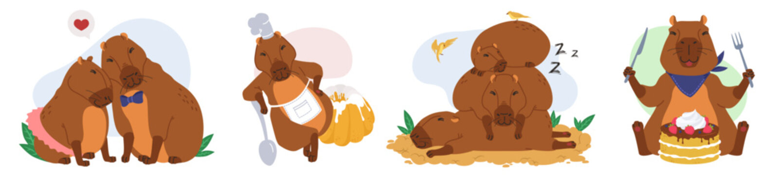Happy capybara characters doing different things set