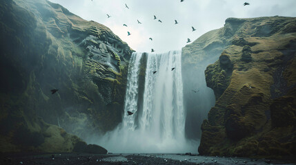 A dramatic waterfall plunging into a rugged canyon with birds flying around the mist.