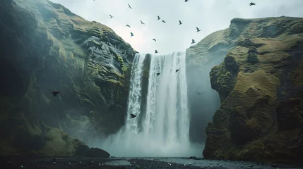 Selbstklebende Fototapeten A dramatic waterfall plunging into a rugged canyon with birds flying around the mist. © Martin