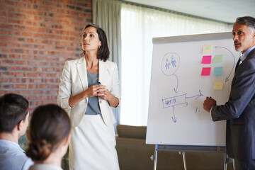 Business presentation, teamwork or speaker by a board for teaching, advice tips or skill...
