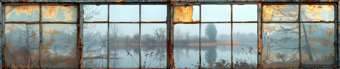 An Industrial Charm Captured through Time-Worn Glass Framing the Enigmatic Beauty of Autumn
