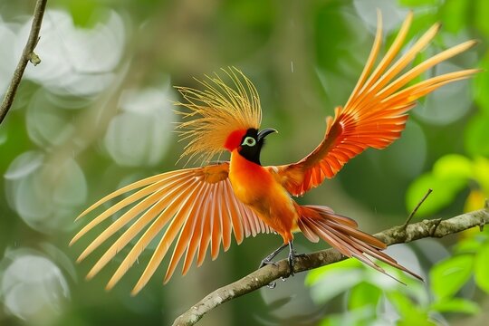 Male raggiana birds-of-paradise perform flamboyant displays, wing-spreading, tail-fanning, and  movements, to females.