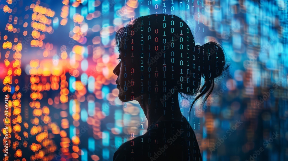 Poster scholar's shadow casting an ai binary code, illustrating knowledge evolution
