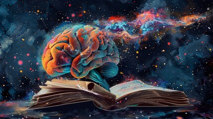 Vibrant depiction of a brain evolving from books to binary AI codes