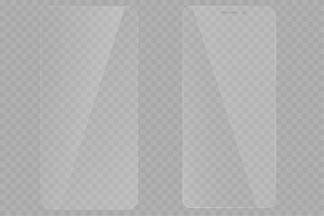 Set of protective glass for phone. Realistic reflection. Glass on black background. Realistic transparent glass window in rectangle frame. Vector illustration.	 - obrazy, fototapety, plakaty