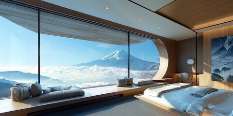 Obraz premium Above the clouds: A panoramic window offers a breathtaking view of Fuji's snow-capped peak