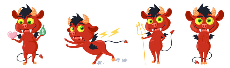 Funny little cruel devil characters with comic expression set