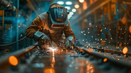 Skilled welder at work with vibrant welding arc and protective gear - obrazy, fototapety, plakaty