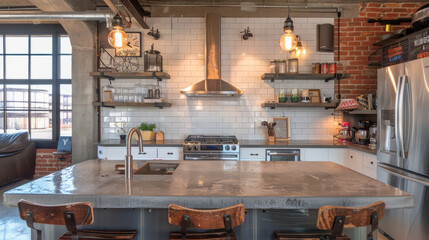 Modern kitchen set in an industrial loft, featuring concrete countertops and open shelving with a city view
