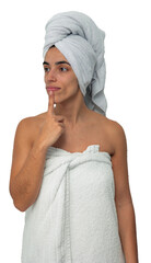 Thoughtful Young Woman After Shower with Towel on white background - obrazy, fototapety, plakaty