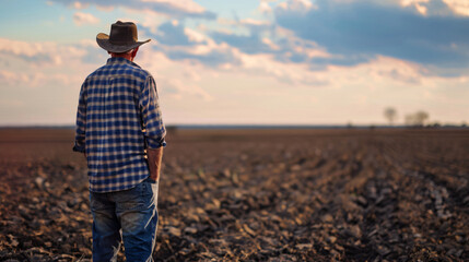 A farmer looking over a parched field once fertile now unyielding due to unpredictable weather patterns. - obrazy, fototapety, plakaty