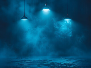 Blue neon lights with hanging lamps and smoke on dark background. Atmospheric lighting in a mysterious environment for creative design and mood concept