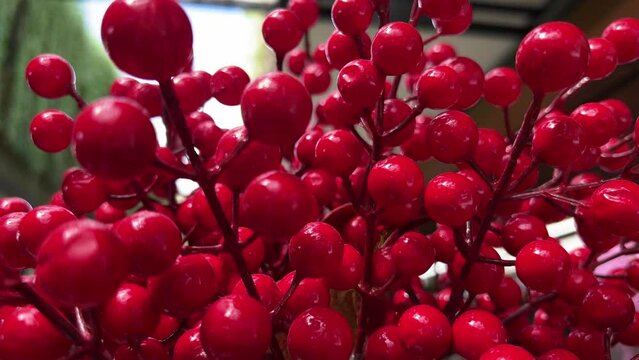 Artificial decoration plastic beautiful ornament. branch of red viburnum or guelder rose with ripe berries on bush Viburnum opulus