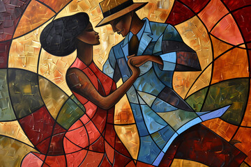 Afro- American male and female couple dancing the ballroom Calypso dance shown in an abstract cubist style watercolour oil painting for a poster or flyer, stock illustration image - obrazy, fototapety, plakaty