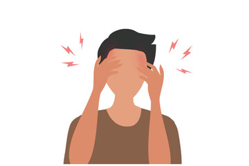 Unhappy man having migraine headache vector illustration. Health problem concept 

