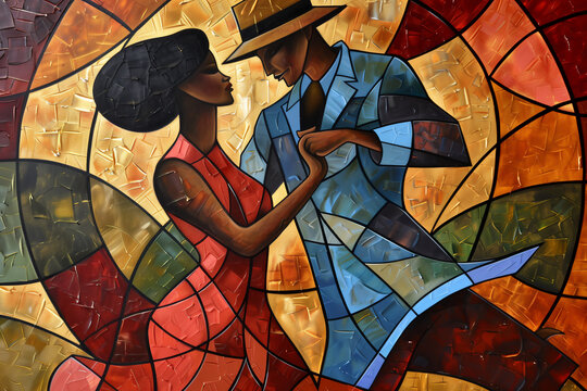 Afro- American male and female couple dancing the ballroom Calypso dance shown in an abstract cubist style watercolour oil painting for a poster or flyer, stock illustration image