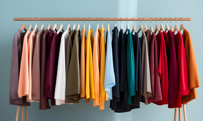 Clothes on hangers in modern dressing room, closeup view