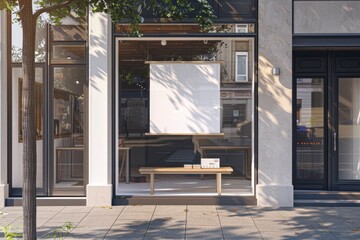 A chic boutique front basks in natural light, featuring an elegant bench and a poster for a brand's mockup