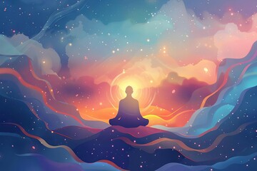 Spiritual Seeker Connecting with Divine Wisdom, Mystical Insight Illustration
