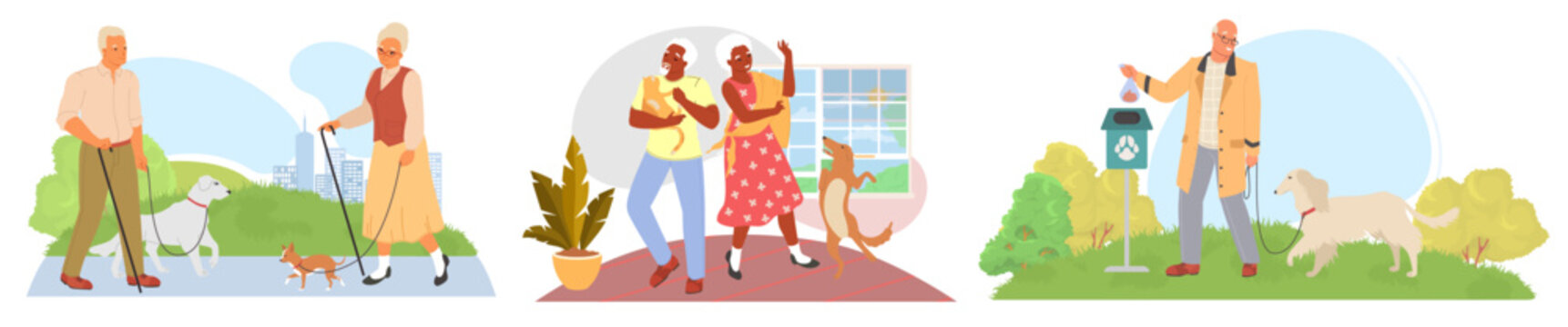 Happy elderly and pet animals activity vector illustration set