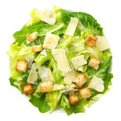 A classic Caesar salad with crisp romaine, parmesan shavings, and croutons, isolated on transparent background