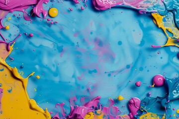 Vibrant colorful paint splashes forming a frame border with liquid drops and splatters, abstract artistic background illustration