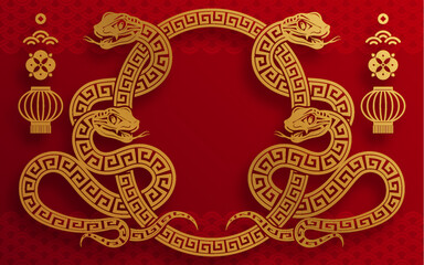 Happy chinese new year 2025 the snake zodiac sign with flower,lantern,asian elements snake logo red and gold paper cut style on color background. ( Translation : happy new year 2025 year of the snake 