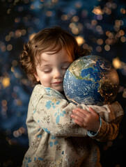 Naklejka premium Cute little child holding a globe, save the earth
