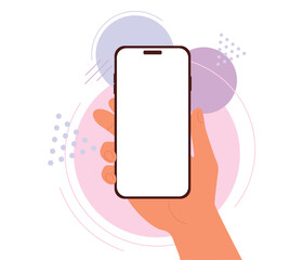Hand holding mobile vertically in flat style