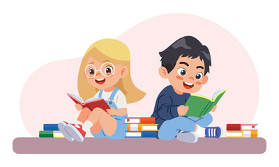 Cute boy and girl read books together