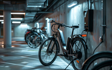 Fototapeta na wymiar A bike is parked in a parking garage with other bikes. The bike is electric and has a black frame